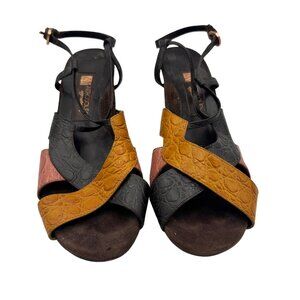 Aerosoles Wedge Sandals 8.5 Black Brown Orange Croc Embossed Leather Straps